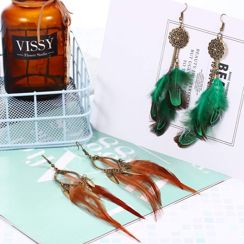 meekoo 6 Pairs Women Faux Feather Earrings Dream Catcher Bohemian Fringe Tassel Long Drop Dangle Earrings Set with Design for Women(Style 7) - Image 4